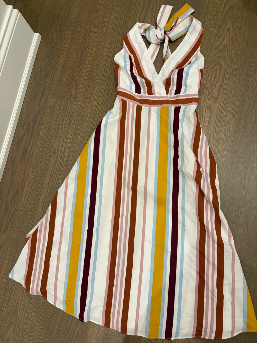 Zara One-Shoulder Striped Midi Dress in White, Mustard, Rust & Burgundy